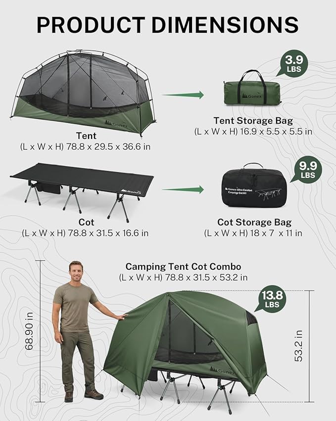 Gonex Camping Tent Cot for Adults 1-Person Off-Ground Folding Portable Easy Set-up Tent Cot Combo for Hiking Backpacking Car &amp Motorcycle Camping(31.5 W X 78.7 L)-Army Green