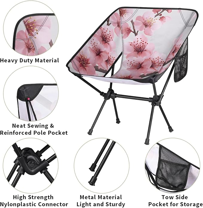 Honeybaby Folding Camping Chair Peach Flower Camping Chairs Lightweight Portable Chair Outdoor Foldable Chairs for Camping Travel Picnic Beach Hiking