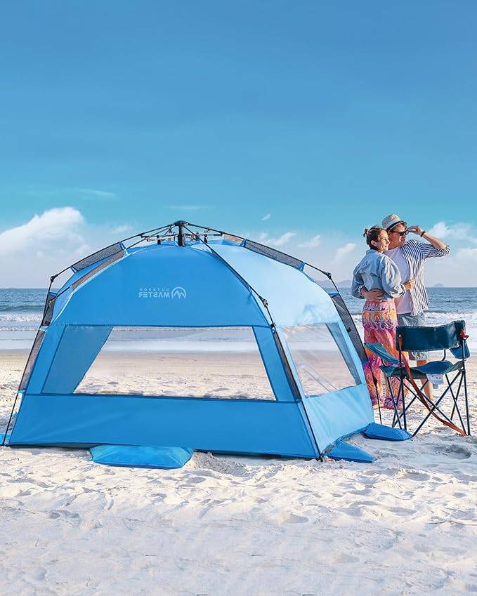 OutdoorMaster Beach Tent Sun Shelter for 3-4 Person Pop Up Beach Tent Easy Setup with Sandbags Portable Sun Shade Canopy with Carrying Bag for Beach &amp Outdoor UPF50+ UV Protection Family Size