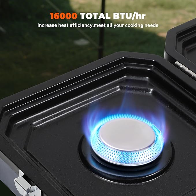 2 Burner Propane Camping Stove With GrillPortable Foldable Camp Stove With 17000BTU Two Piezo Ignition Adjustable Windproof Burners forCamping Grilling Tailgating &amp More (Blue)
