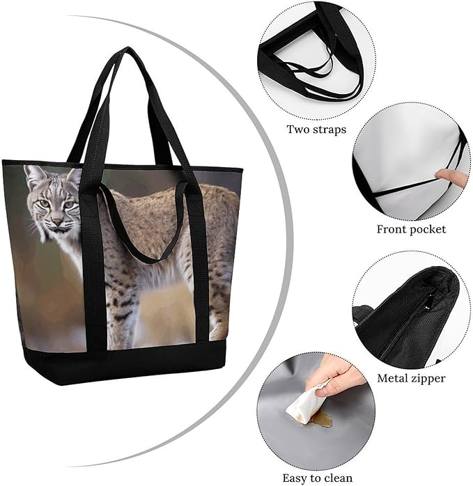 Insulated Shopping BagLarge Reusable Cooler Bags Wild Bobcat Printed Foldable Shopping BagTravel Waterproof Shoulder Bag