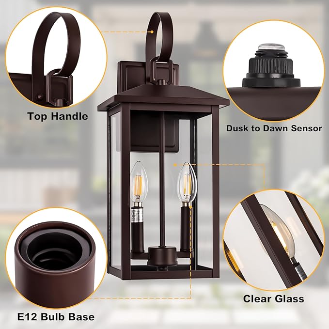 Extra Large Exterior Lighting Fixtures Bronze Dusk Till Dawn Outdoor Light Fixture 2-Light Outdoor Wall Fixture with E12 Socket 18 Porch Light Fixtures for House Garage Patio Door Backyard