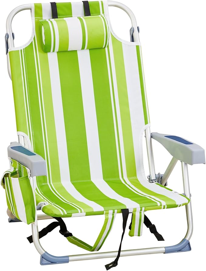 Folding Beach Chair for Adults5 Position Portable Backpack Foldable Lounge ChairCamping Chair with Headrest and Cup HolderCollapsible ChairsOutdoor Chair Capable of Bearing 220 lbsGreen Stripes