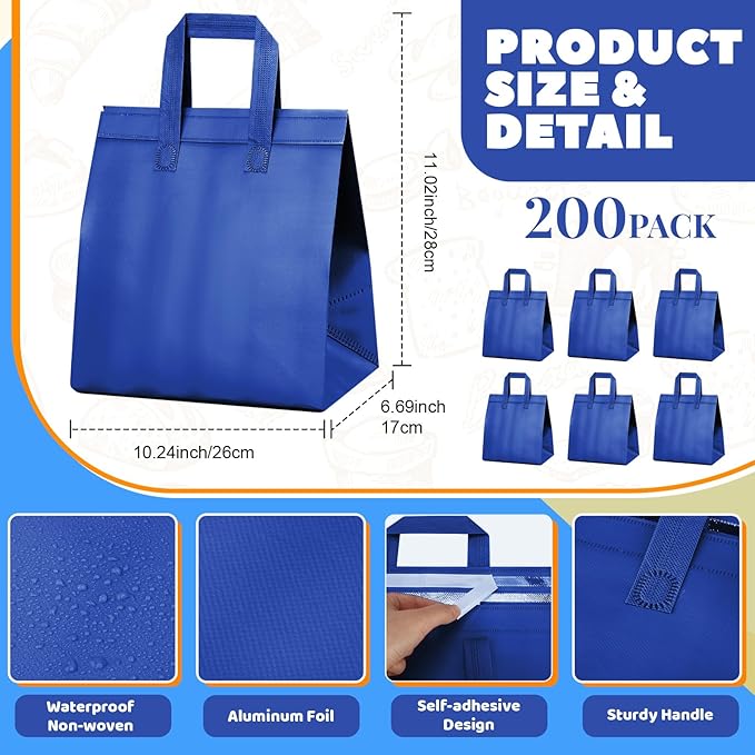 Hushee 200 Pcs Insulated Take out Bags Bulk Thermal Insulation Take Away Bags Disposable 10.24x11.02x6.69 Inch for Grocery Lunch Hot Cold Frozen Food Delivery Shipping Cooler(Blue)