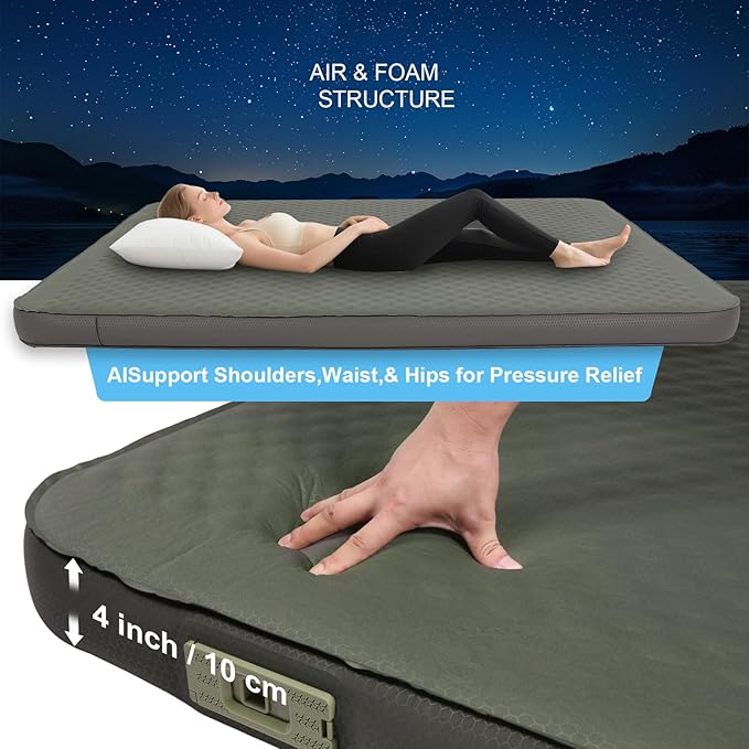 Self Inflating Sleeping Pad with Foam and Electric PumpInnovative Y-Shaped Telescopic Structure4.3 Thick Ultraportable Camping MattressOutdoor Compact Air Mat for Tent Car（4.2*79*28 inch）