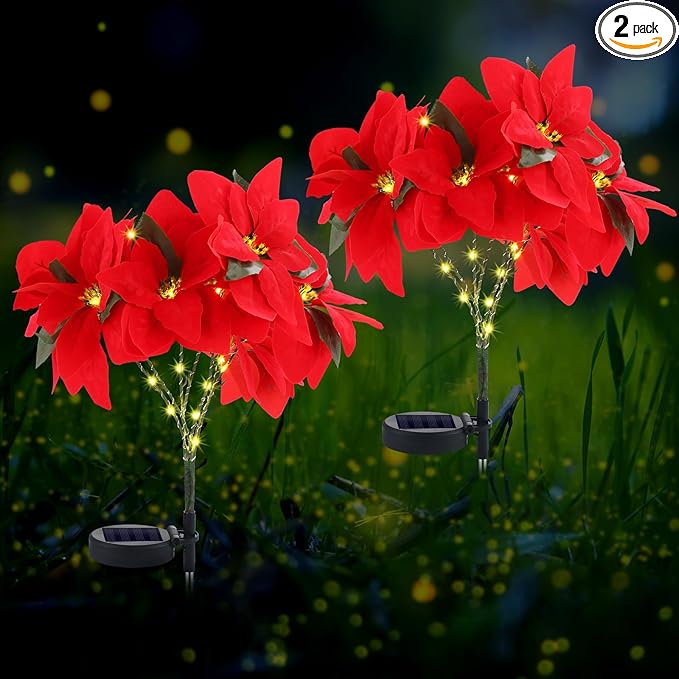 VIHOSE 2 Pcs Christmas Solar Poinsettia Lights Outdoor Artificial Flowers Landscape Waterproof Solar Poinsettia Lights for Yard Lawn Patio Garden Pathway Xmas Party Supplies (10 FlowersRed)