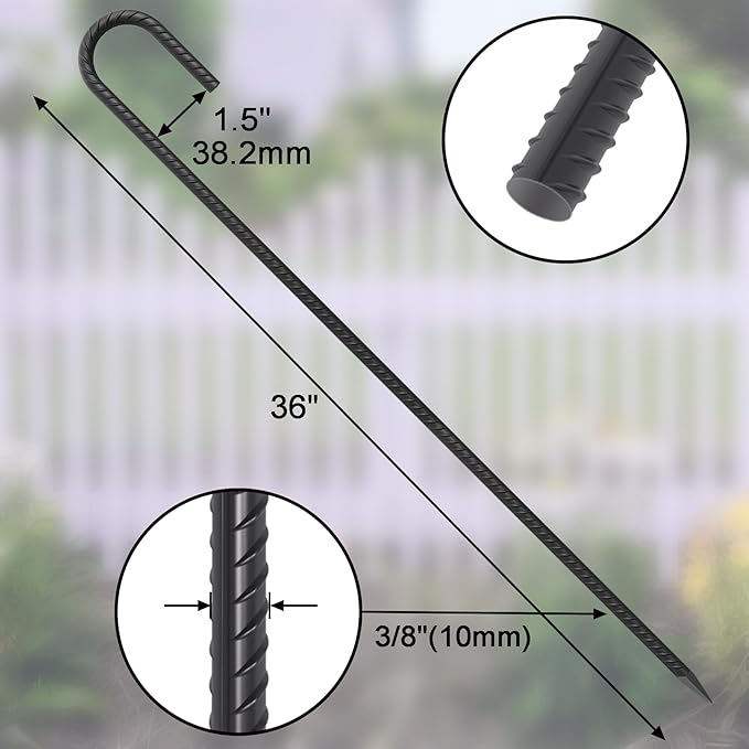 J Hook Rebar Stakes - 36 Inch 3/8 Inch Diameter Steel Tent Stakes - Heavy Duty Chain Link Fence &amp Trampoline Stakes with Chisel Point End - Black (16 Pcs)