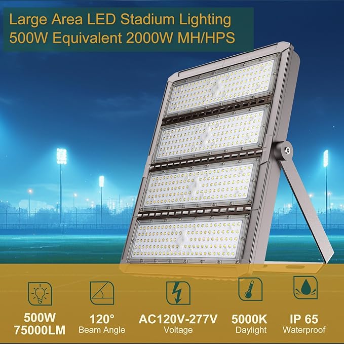 Stadium Lights Outdoor LED Flood Lighting 500W 75000LM (2000W Eqv.) Sports Count Light AC120-277V 5000K IP65 Waterproof Area Lighting -2Pack 5 Yrs Warranty