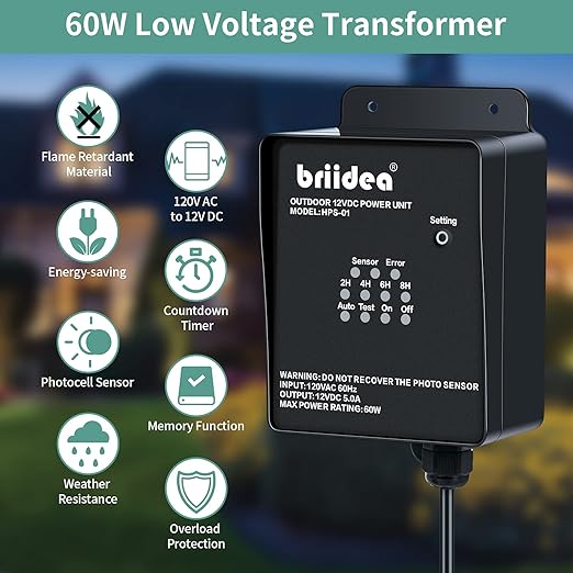 Outdoor Low Voltage Transformer Briidea 60W 120V AC to 12V DC Landscape Light Transformer with Countdown Timer and Photocell Light Sensor for Spotlight Pathway Light