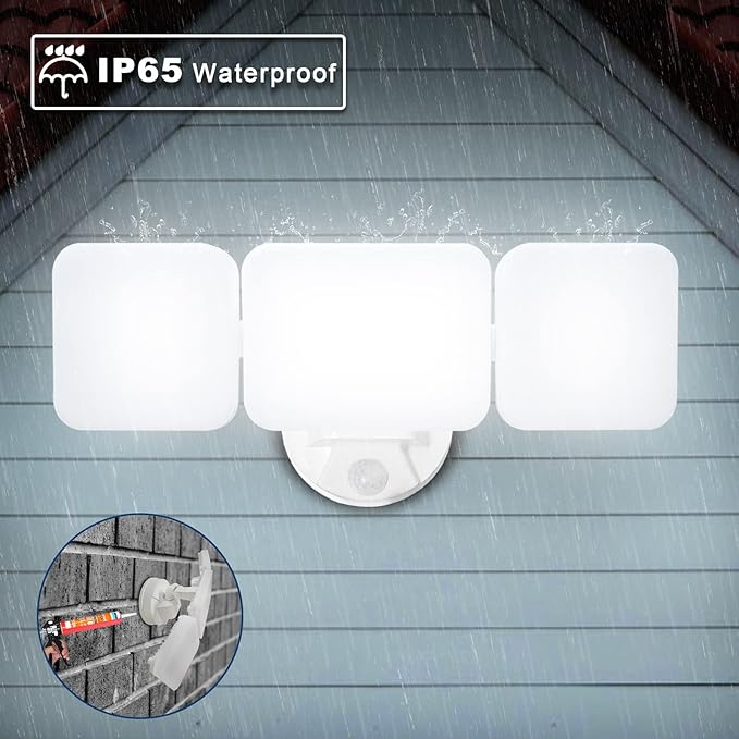 EMANER Outdoor Motion Sensor Flood Light 100-130V Corded 45W 4500lm 5000K LED Security Wall Light Wired for Porch/Garage/Yard (2-Pack White)