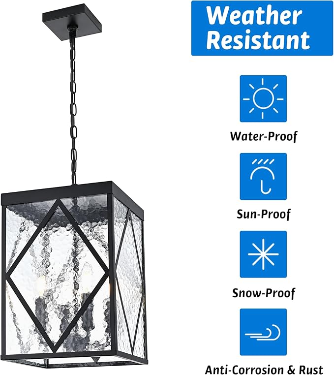 Outdoor Pendant Light with Water Ripple Glass 4-Light Exterior Hanging Porch Light Large Lantern Pendant Light Waterproof Black Outside Chandelier for House Front Door Patio Entrance