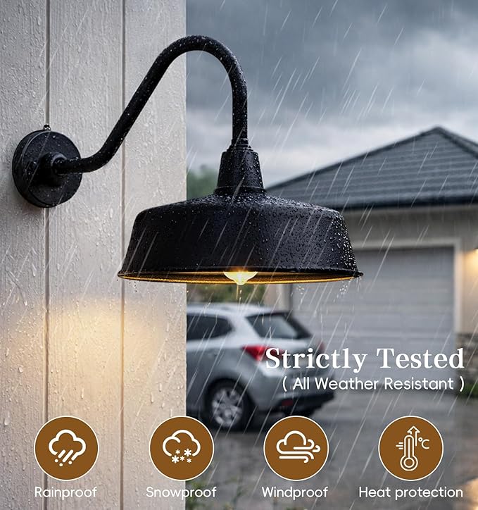 12.6 Inch Large Outdoor Gooseneck Barn Lights from Dusk to Dawn Classic Black Farmhouse Lights Waterproof and Rustproof Porch Lights for House Garden Garage Patio.