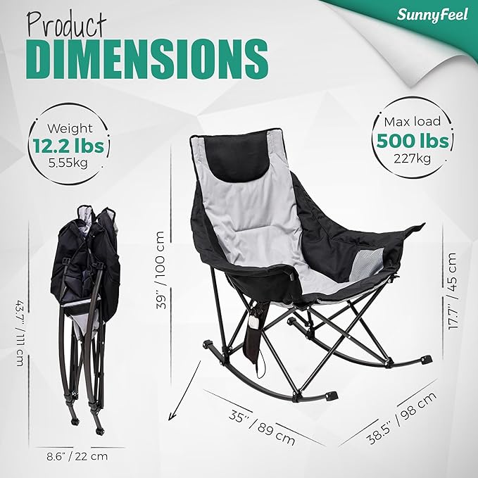 SUNNYFEEL Oversized Heated Rocking Camping Chair 2 Pack Fully Padded Patio Chair with Side Pocket High Back Portable Lawn Recliner with Carry Bag Outdoor Rocker Chair for Adults Heavy Duty 500 LBS