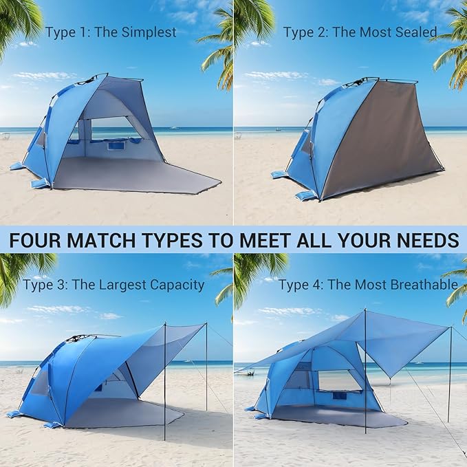 Elegear CumbreX™ Beach Tent with 360° Removable Canopy 4-6 Person Pop Up Sun Shade Shelter UPF 50+ Automated Installation Double Silver Coating Portable Lightweight Beach Cabana for Beach/Outdoor
