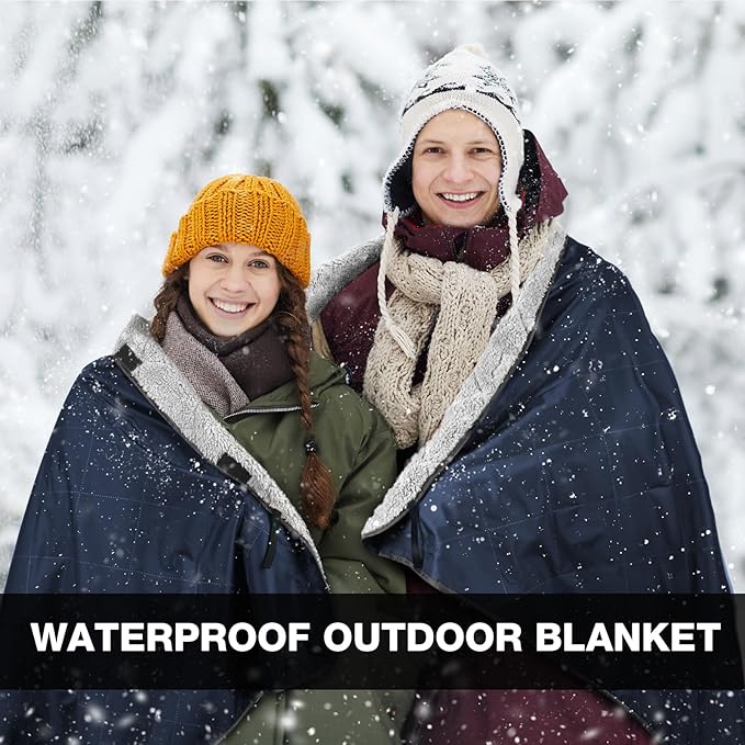 DUKUSEEK Outdoors Waterproof Throw Blanket with Hood 79”x 59” Sherpa Fleece Stadium Windproof Blankets for Boat Traveling Camping Football Dogs Outdoor Sporting Events-Machine Washable