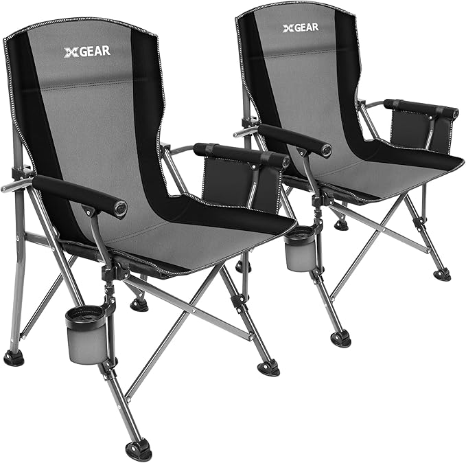 XGEAR Camping Chair with Padded Hard Armrest Sturdy Folding Camp Chair with Cup Holder Storage Pockets Carry Bag Included Support to 400 lbs