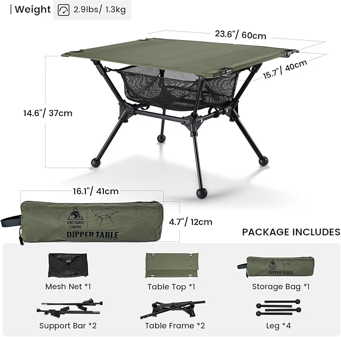 ONETIGRIS Dipper Camping Table Lightweight Portable Folding Table with Mesh Storage Net High/Low Options Ideal for Camping Hiking Tailgating Beach Picnic Travel Backyard