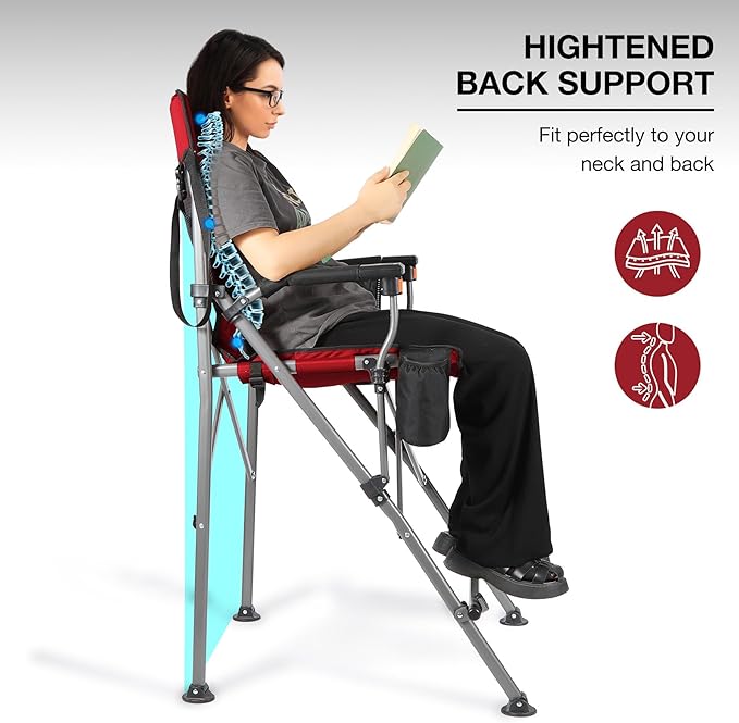 Extra Tall Folding Chairs for Adults 2 Pack Portable Bar Height Foldable Director Chairs for Camping Outside Comfortable with Makeup PocketHigh Back and Footrest Blue and Red