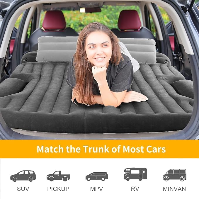 KMZ SUV Air Mattress Thickened and Double-Sided Flocking Travel Camping Bed with 2 Pillows &amp Electric Pump Dedicated Mobile Cushion Inflatable Bed for SUV Trunk and Rear Seat (Dark Gray)