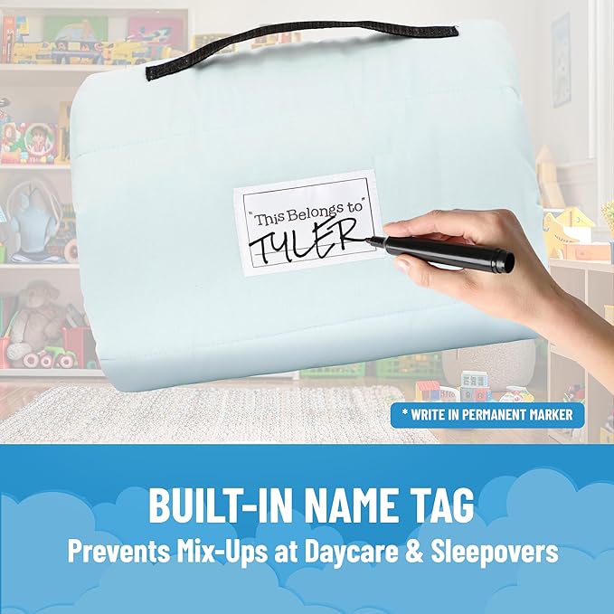Jay Franco Kids Nap Mat with Embedded Pillow &amp Blanket – Soft 46x20 Microfiber Sleeping Bag with Name Tag &amp Handle for School Travel Sleepover Blue - Bluey