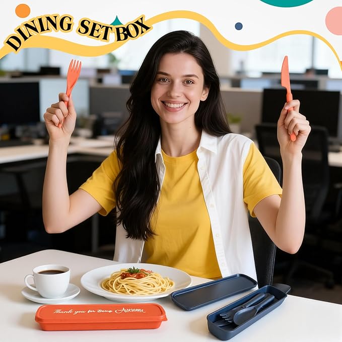 24 Pcs Employee Appreciation Week Gift Bulk Staff Reusable Travel Utensils Set with Case Wheat Straw Cutlery Portable Spoon Knife Fork Tableware Lunch Box Accessories for Picnic(Light Color)