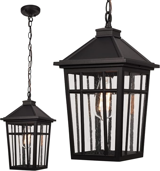 Darkaway Large Outdoor Pendant Light Fixture 16inch Outdoor Hanging Light Porch Lights Fixtures Anti-Rust Waterproof Aluminum with Seeded Glass for Porch Entryway Doorway Farmhouse (BlackLarge)