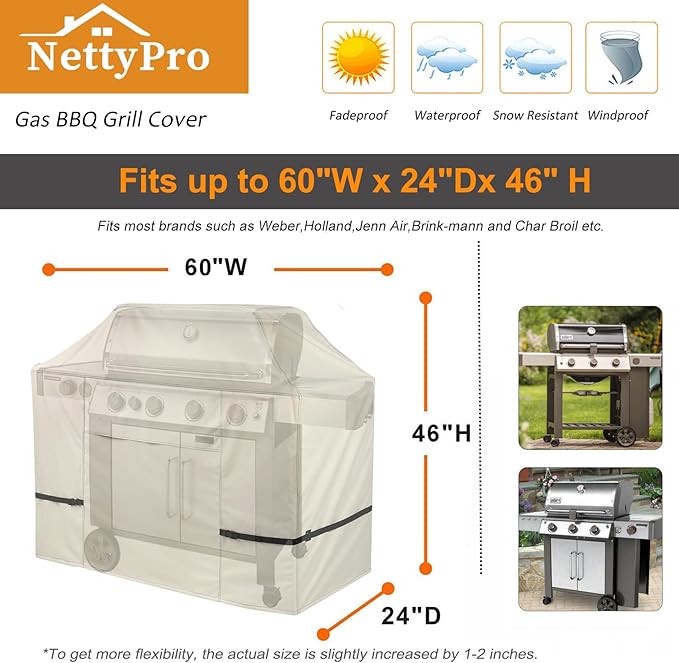 NettyPro Grill Cover for Outdoor Grill 60 inch Waterproof Heavy Duty Gas BBQ Cover for Outside Weber Char-Broil Brinkmann Jenn Air Nexgrill 3-4 Burners Barbecue Beige
