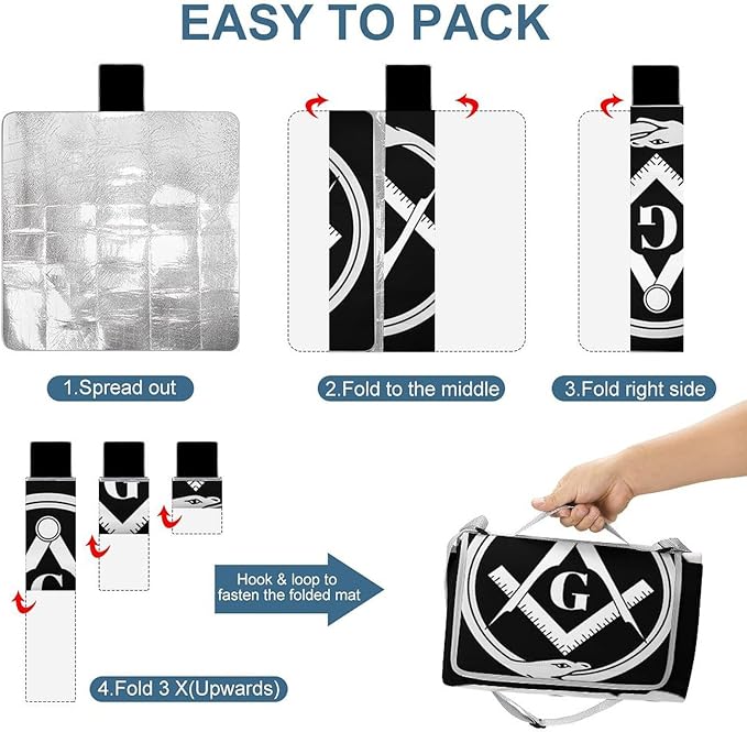 Masonic Faith Hope and Charity Freemason Logo Black Waterproof Outdoor Picnic Blanket Sandproof Beach Mat for Camping Hiking Grass Travelling