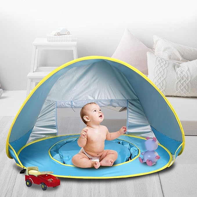 Pop Up Beach Tent Portable Sun Shelter with UPF50+ Protection and Built in Baby Pool Compact Foldable Beach Shade for Infant Outdoor Camping Beach Picnic (Blue)