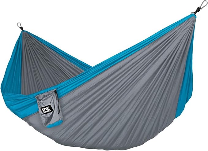 Fox Outfitters Neolite Double Camping Hammock - Lightweight Portable Nylon Parachute Hammock for Backpacking Travel Beach Yard. Hammock Straps &amp Steel Carabiners Included (Sky Blue/Grey)