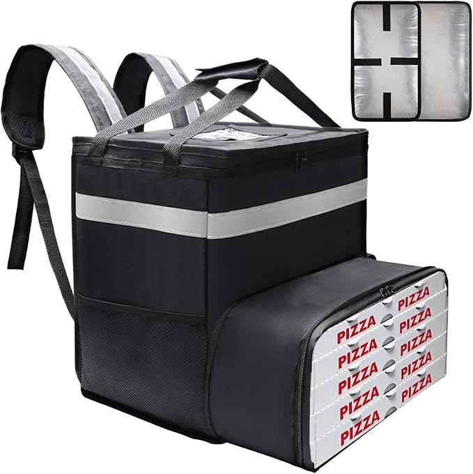 Food Delivery Backpack for Bike Expandable Pizza Bags for Delivery with 2 Pockets/ 2 Support Boards/Reflective Strip Insulated Delivery Backpack for Food