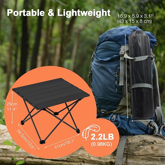 Small Folding Camping Table with Carry Bag Portable Ultralight Compact Aluminum Beach Table Foldable Mini Collapsible Camp Tables for Hiking Picnic Travel Cooking Outdoor Black