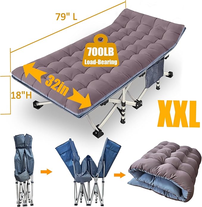 Extra Wide XXL Camping Cot with Comfortable Mattress Cots for Sleeping Folding Cot Camping Bed 79 L x 32 W x 18 H Heavy Duty with Carry Bag Outdoor Indoor