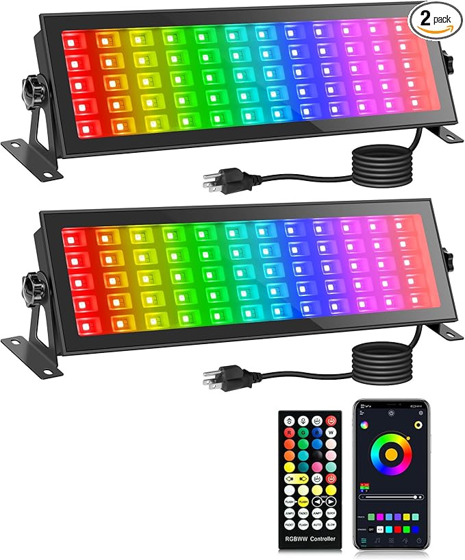 120W LED Stage Wash Light Bar 2 Pack RGBCW IP66 Waterproof RGB Color Changing DJ Light Bar with Remote and APP Control Smart Flood Lights for Outdoor Halloween Party Event Uplighting Wall Wash