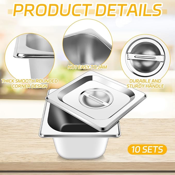 10 Set Stainless Steel Hotel Pans with Lids 1/6 Size 4 Inch Deep Steam Table Pans Food Containers Catering Food Storage Metal Pan Lid Anti-Jam Steam Pan Cover for Commercial Restaurant Hotel Buffet