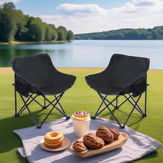 2 Pack Folding Camping Chairs Portable Beach Chairs &amp Reclining Camping Chair with Side Pockets Compact Recliner Chairs for Camping Picnics Fishing Beaches Barbecuesand (2Pcs Black)