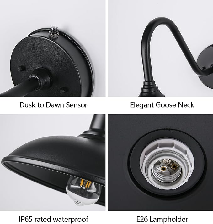 15 Inch Large Black Outdoor Gooseneck Barn Lights from Dusk to Dawn Farmhouse Barn Lights Galvanized + Painted Classic Look Suitable for Porch Garage Outdoor Lighting.