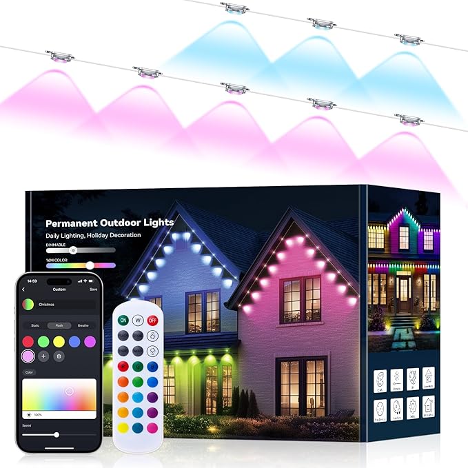 100FT Permanent Outdoor Lights for House Smart RGB LED Eaves Lighting with APP &amp Remote Control IP67 Waterproof Christmas Lights for Holidays Parties &amp Year-Round Décor