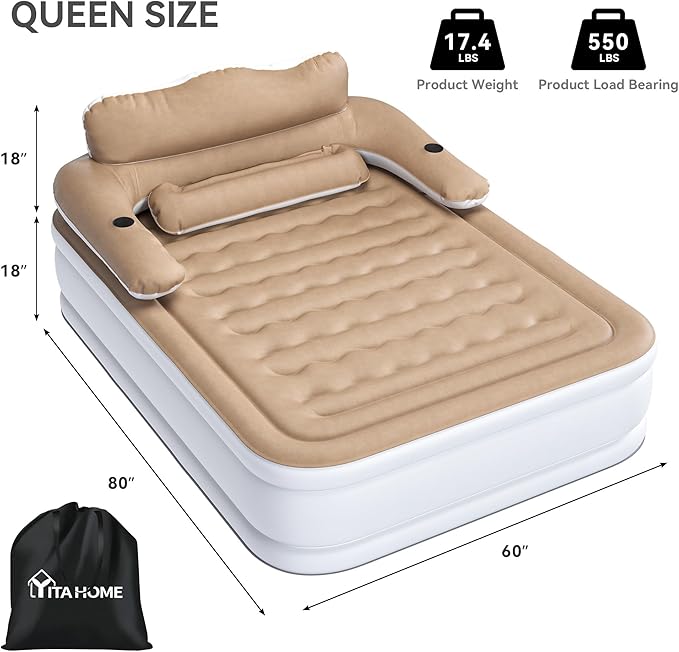 YITAHOME Queen Size Air Mattress with Headboard 18in Inflatable with Pillow Blow Up Mattress with Removable Electric Pump Comfort Air Bed Queen for Camping &amp Home Brown