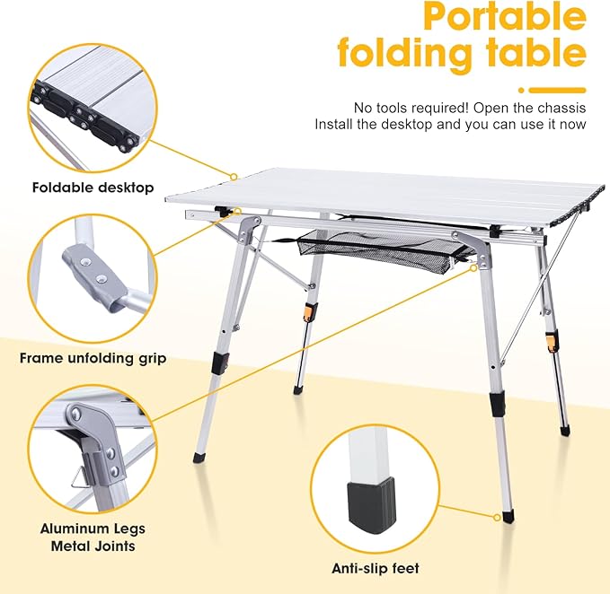 ERYTLLY Folding Camping Table Outdoor Portable Picnic Table with Adjustable Legs Lightweight Aluminum Beach Table with Roll Up Table Top and Mesh Layer for Backyards BBQ and Party