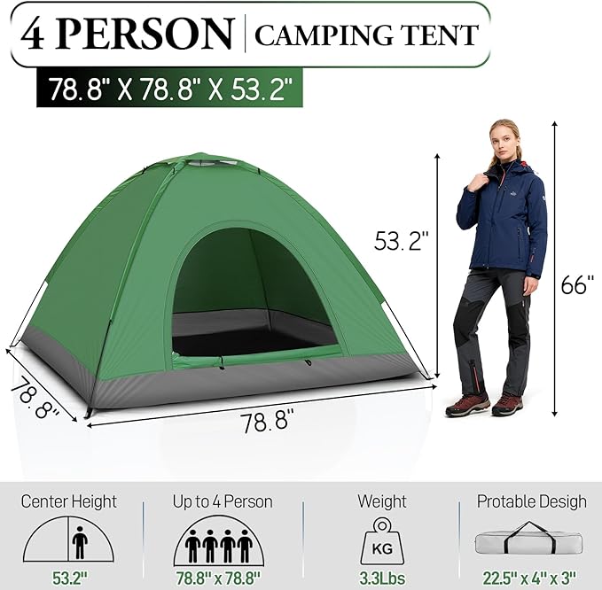 Outvita Camping Dome Tent 1-4 Person Waterproof Windproof Easy Setup Spacious Family Tents with Carry Bag &amp Rain Fly for Hiking Backpacking Traveling Glamping Beach