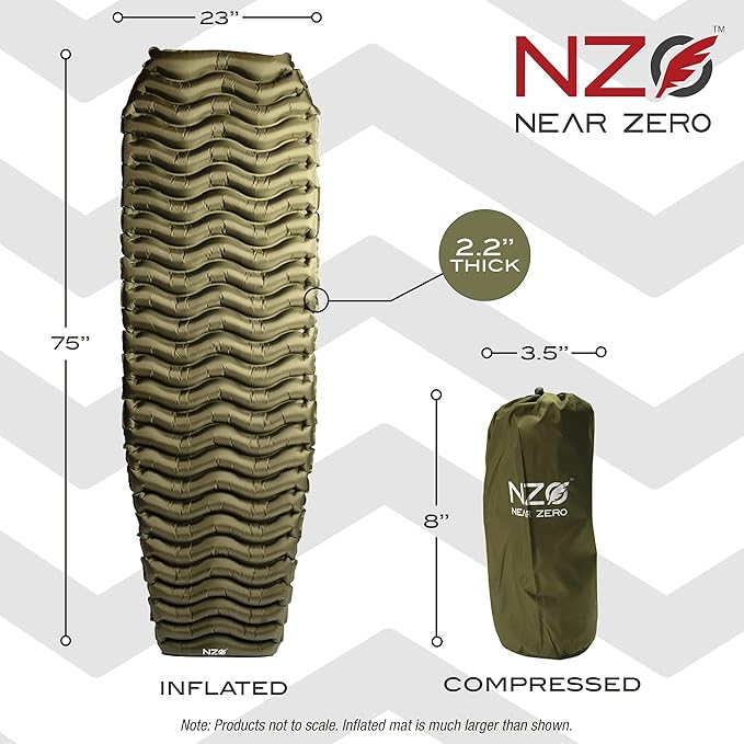 NEAR ZERO Ultralight Inflatable Sleeping Pad – Compact 14.5 oz Air Pad 2 Thick Quick Inflate with 11 Breaths Durable Rip-Resistant Nylon – Ideal for Backpacking &amp Warm Weather Green