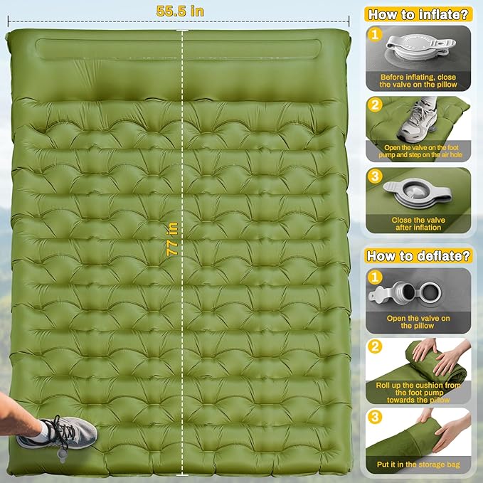 Double Sleeping Pad Extra Thick 6 Inch Sleeping Pad for Camping 2 Person with Built-in Pillow &amp Foot Pump Ultralight Compact Inflatable Camping Mat for Backpacking Hiking Travel Tent Camp Gear Gi