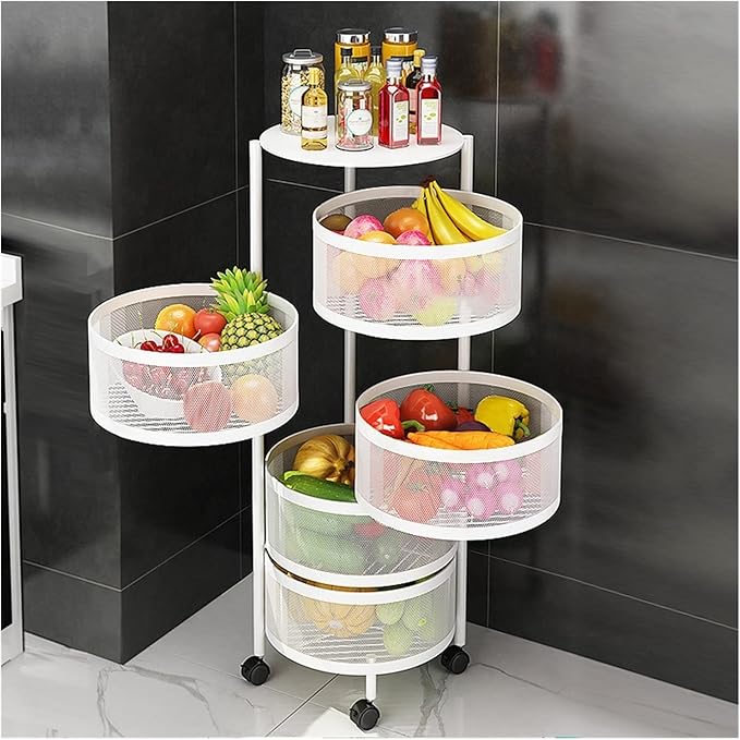 JITUIHOM Kitchen Rack Round Rotating Multi-Layer Kitchen Storage Rack Fruit and Vegetable Basket Floor-to-Ceiling(WhiteSmall)