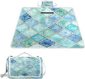 MNSRUU Picnic Blanket Waterproof Foldable Green and Blue Moroccan Large Outdoor Picnic Beach Camping Blanket Travel Mat Shoulder Strap Tote Rectangle 57x59in