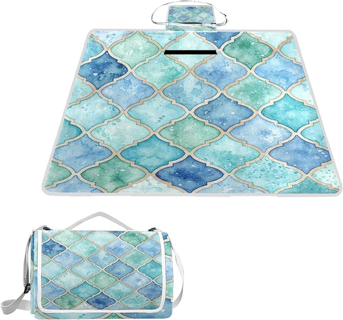 MNSRUU Picnic Blanket Waterproof Foldable Green and Blue Moroccan Large Outdoor Picnic Beach Camping Blanket Travel Mat Shoulder Strap Tote Rectangle 57x59in
