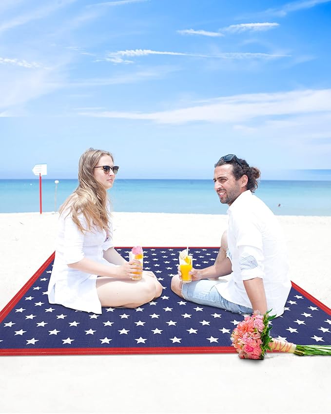 Beach Blanket Waterproof Sandproof Independence Day July 4th Extra Large 108X84 Picnic Blanket Beach Mat Lightweight Durable Camping Blanket with 4 Stakes for Beach Travel Patriotic American Flag