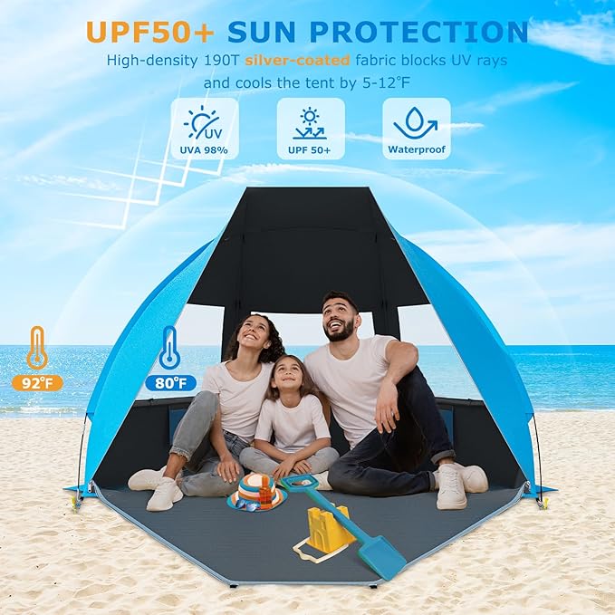 Gorich Portable Beach Tent for 3/4-5/6-7 Person with UPF 50+ UV Protection Lightweight &amp Foldable Sun Shelter with 5 Sand Bags Easy Setup Windproof Beach Umbrella Sun Shade