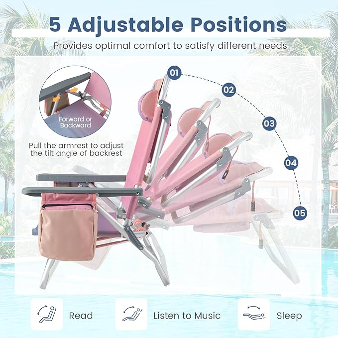 Backpack Beach Chair 5 Position Adjustable Camping Chairs with Head Pillow Cooler Bag Towel Bar Cup Holders Portable 2-Pack Folding Beach Chairs for Adults (Without Table Gradient Pink)