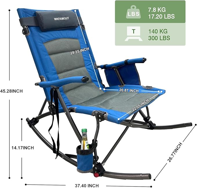 13.8 High Seat Rocking Camping Chair Outdoor with Foot Rest &amp Headrest Oversized Folding Rocker Chair with Carry Bag for Lawn Patio Supports 300 lbs